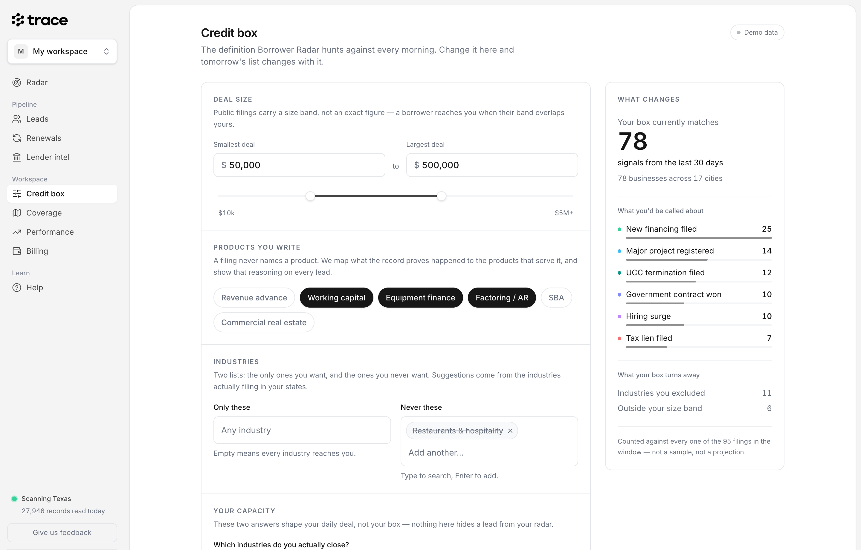 Trace — the credit box screen: deal size, products, industries